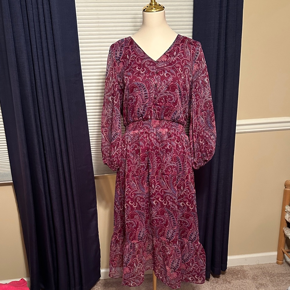 Talbots Burgundy Paisley Long Sleeve Dress